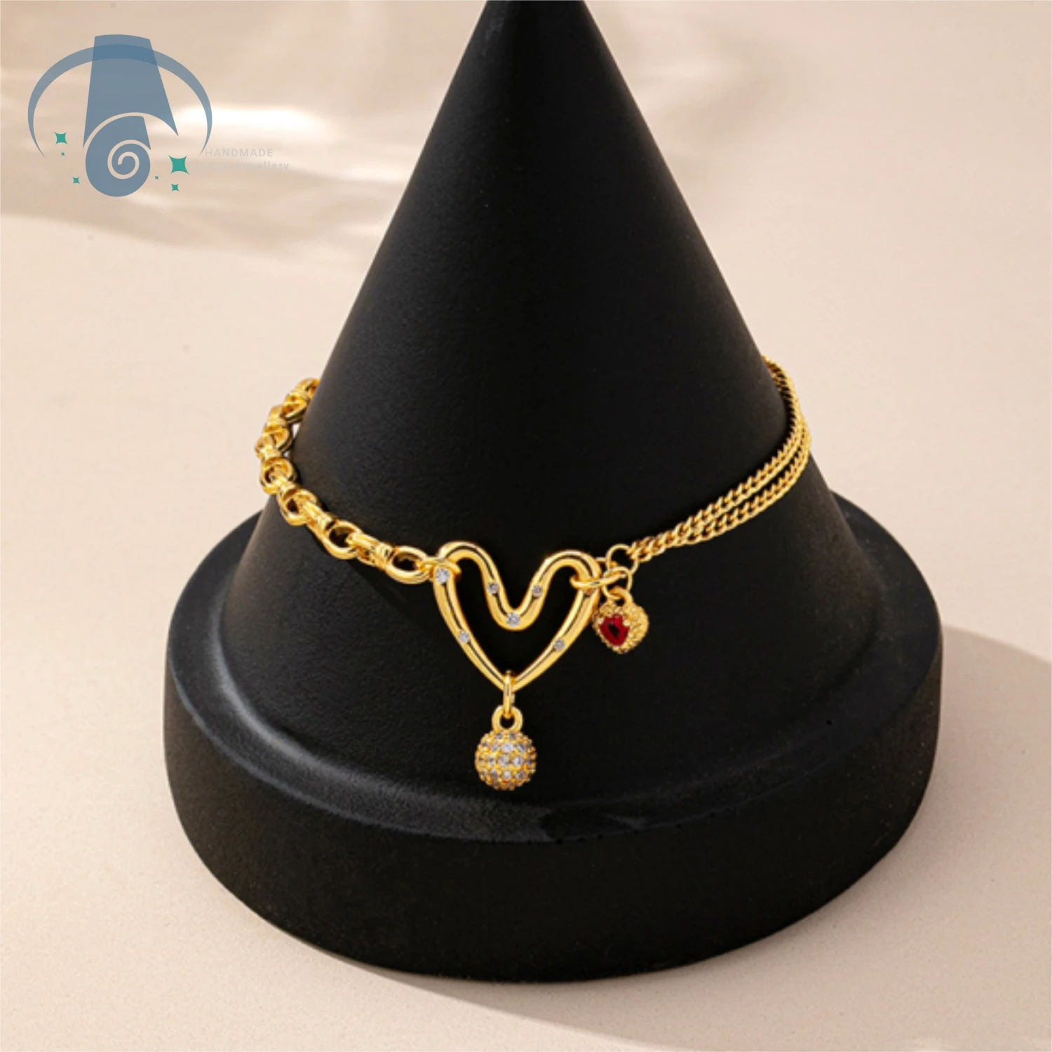 Heart CZ Gold Plated Micro Pave Round Beads Openwork Bracelet for Women Fashion Trendy Everyday Wear Charm Jewelry Elegant Shiny