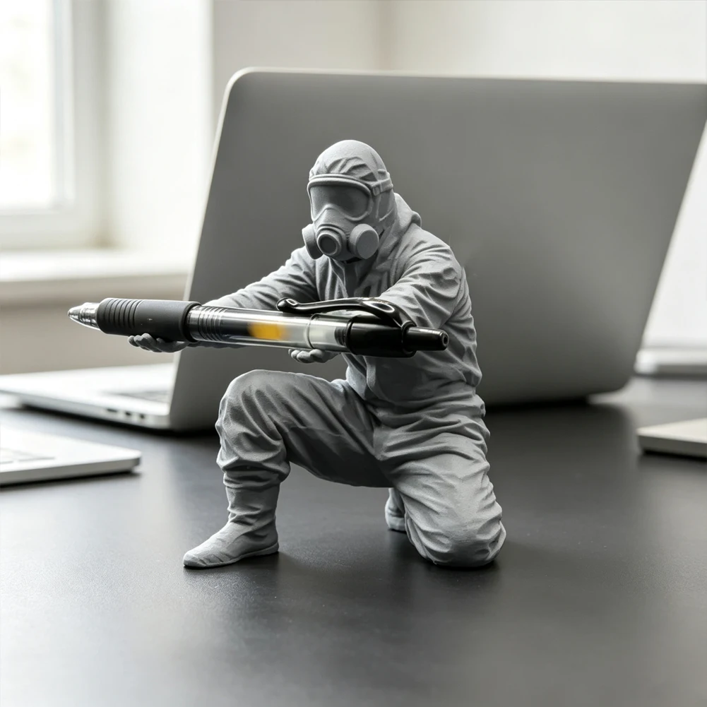3D Printed Hazmat Suit Figure Pen Holder Kneeling Biohazard Protective Worker Pencil Stand Creative Desk Stationery Storage Rack