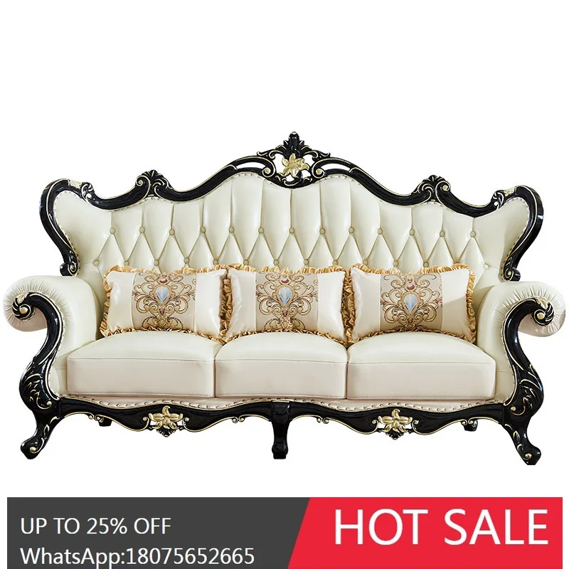 

HLZ Solid Wood Sofa Set Genuine Leather European Style Light Luxury Living Room Furniture for Large Apartments and Villas