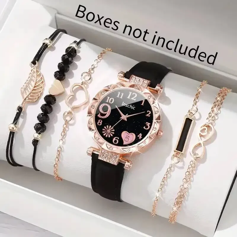 6PCS/Set Fashion Rhinestone Women's Watches Ladies Leather Band Heart Dial Quartz Watch Leaf Bracelets Set(Without Box)