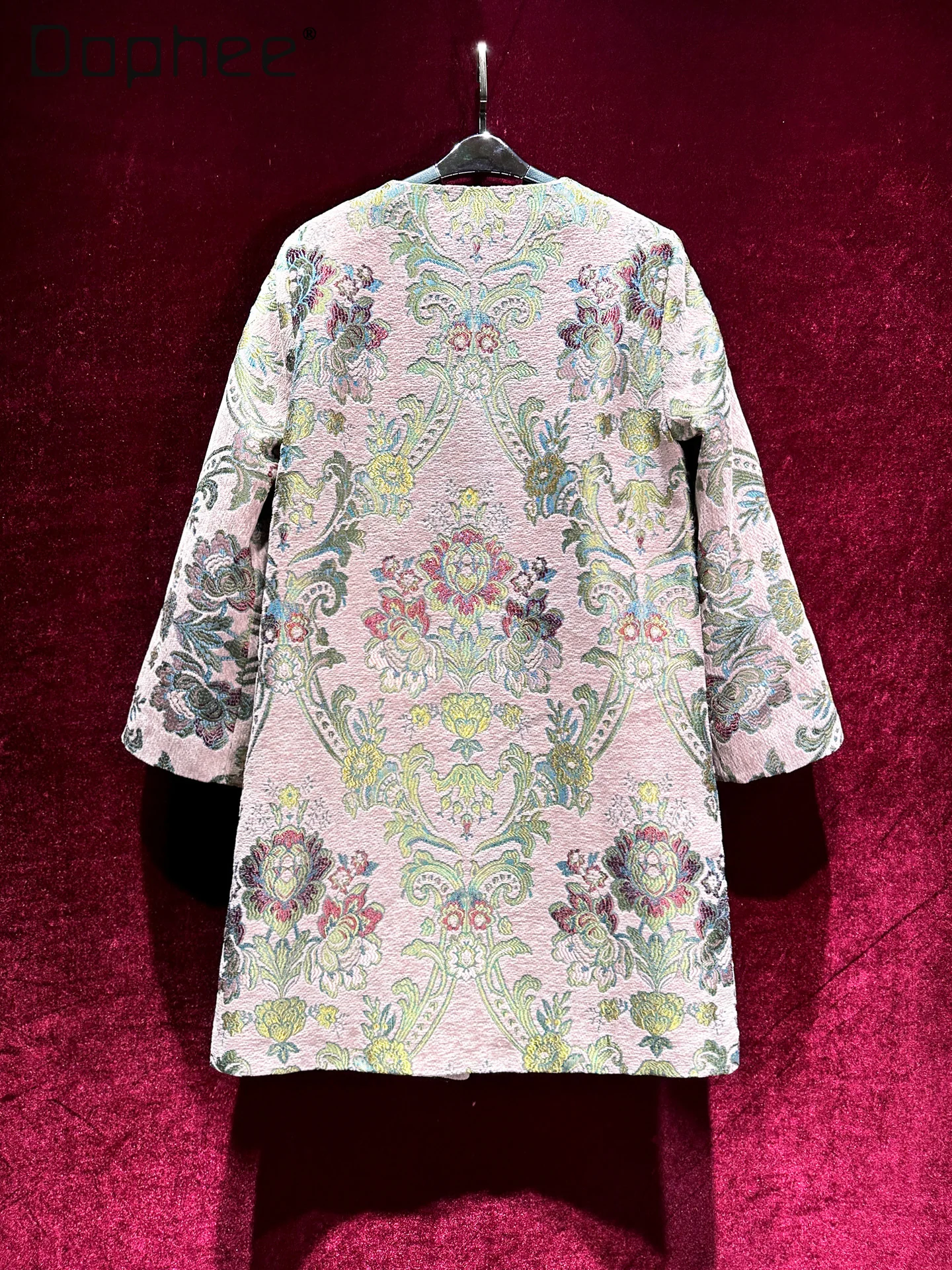 خمر الجاكار الثقيلة الديكور الأزهار التطريز منتصف طول معطف المرأة الراقية الأزياء جولة الرقبة فضفاضة خندق معطف الخريف جديد