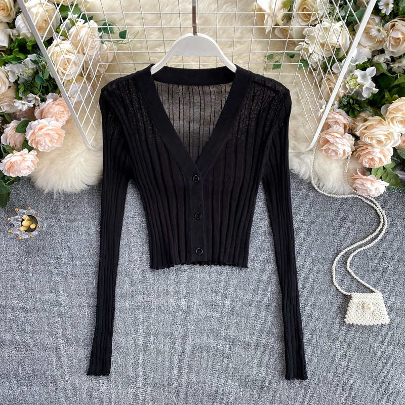 V-neck Long Sleeve Ribbed Knitted Cardigans Women Crop Tops Button Up Plain Blouse Teen-girl Spring Autumn Y2K