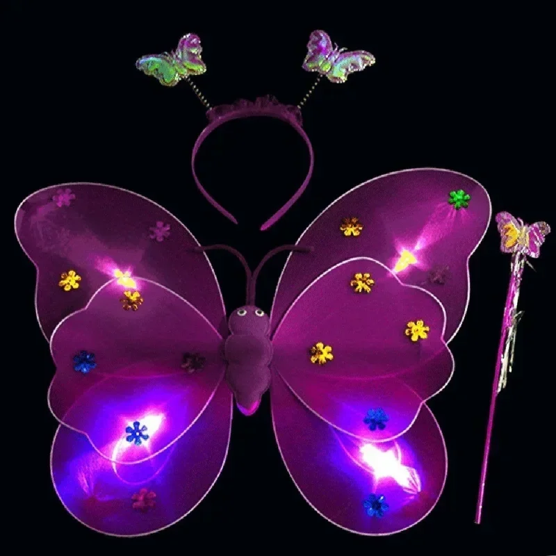 3Pcs/Set Double Layers Girls Led Flashing Light Fairy Butterfly Wing Wand Headband Costume Toy Gift Halloween Decoration