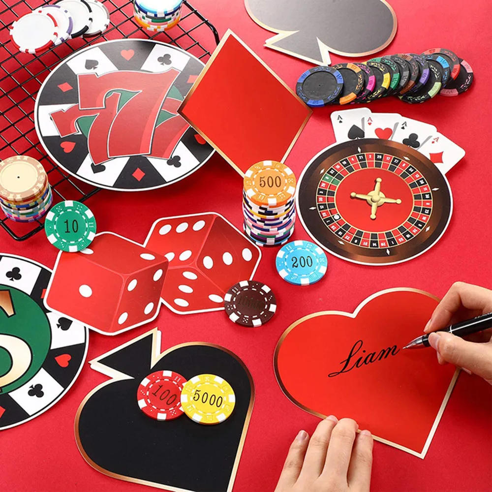 8pcs Casino Party Decorations Cut-Outs Sticker With Glue Point Las Vegas Casino Themed Poker Birthday Party Supplies Favors