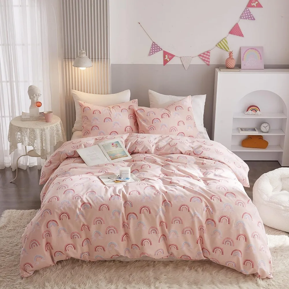 

Комплект пододеяльников из хлопка радужно-розового цвета для девочек — постельное белье Kawaii из трех предметов с ультрамягким дышащим материалом
