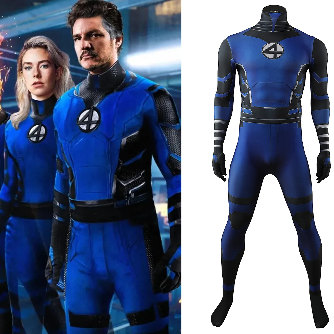 

Fantastic Four First Steps Cosplay Dark Blue Fantastic Four Spandex Outfits Halloween Costume SuperHero Zentai Bodysuit Adult