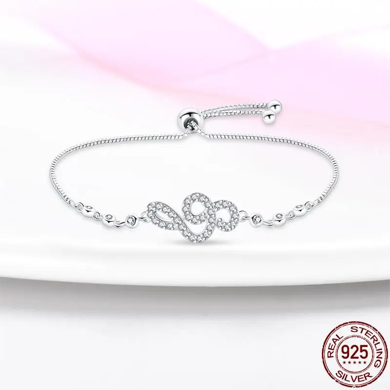 Luxury 925 Sterling Silver Music Symbol Bracelets Heart Zircon Chain Bracelet Rhinestone Bangle For Women Wedding Bridal Jewelry