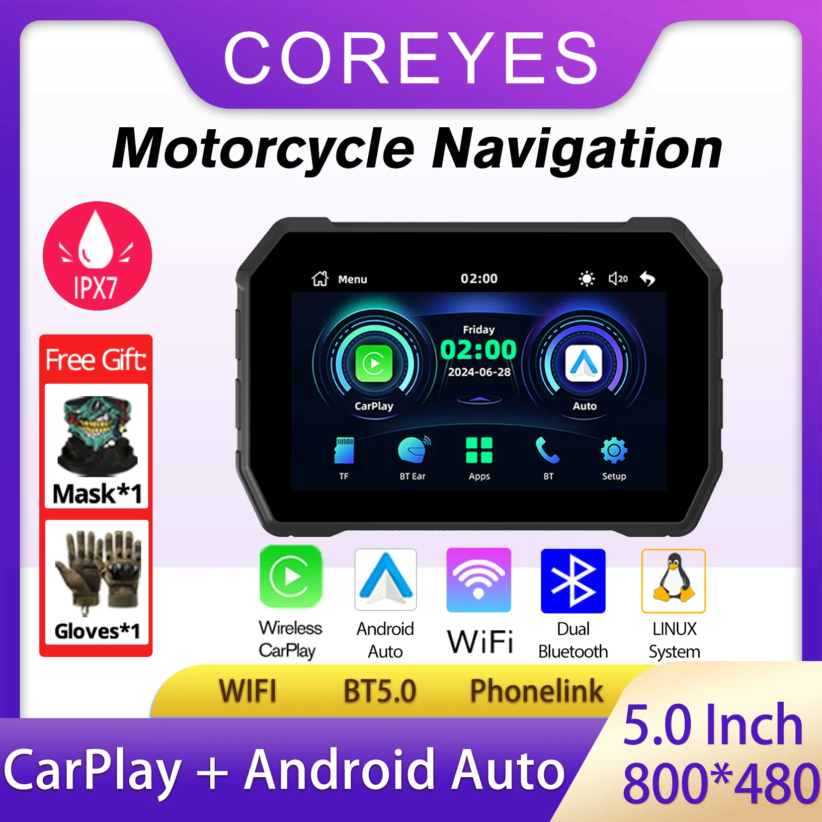 COREYES MZRD MTC-02 Motorcycle Navigation Waterproof Screen Wireless Carplay Android Auto BT Multifunctional Monitor