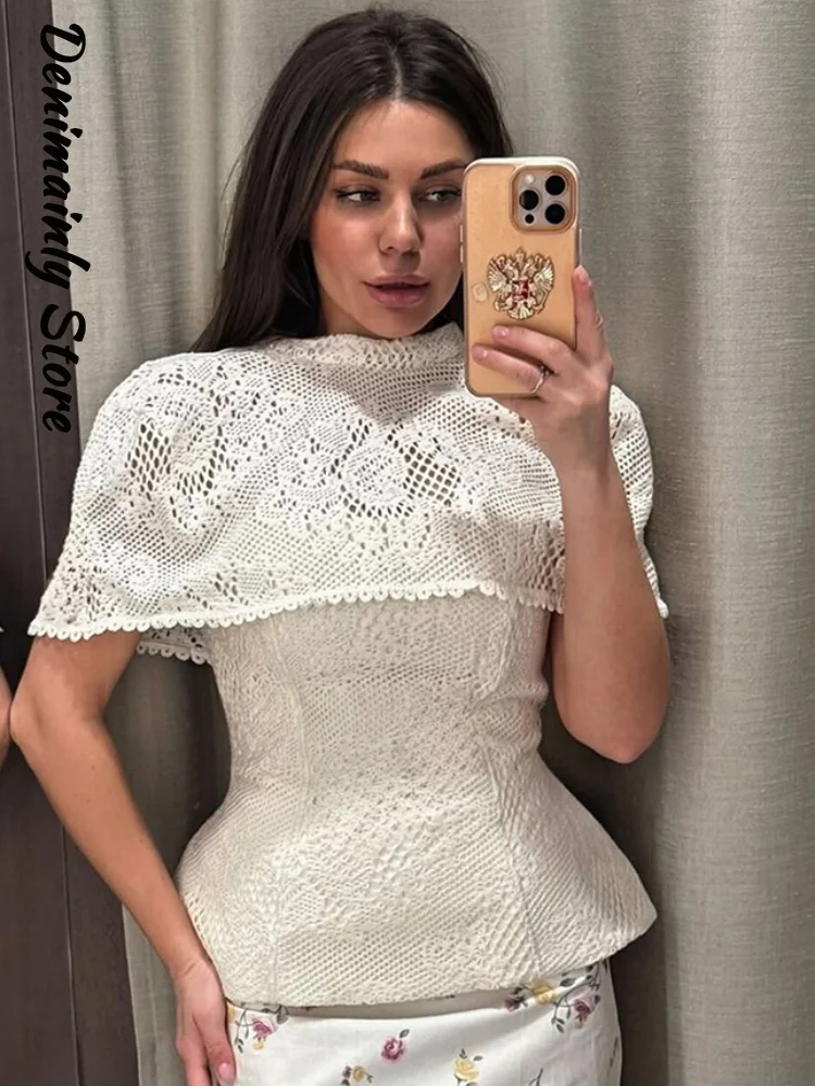 

Elegant Knit Hollow Out Women's Top Shawl 2 Pieces Waist Cinched Ruffle Corset Tops Female 2026 Summer Lady All-match Party Wear