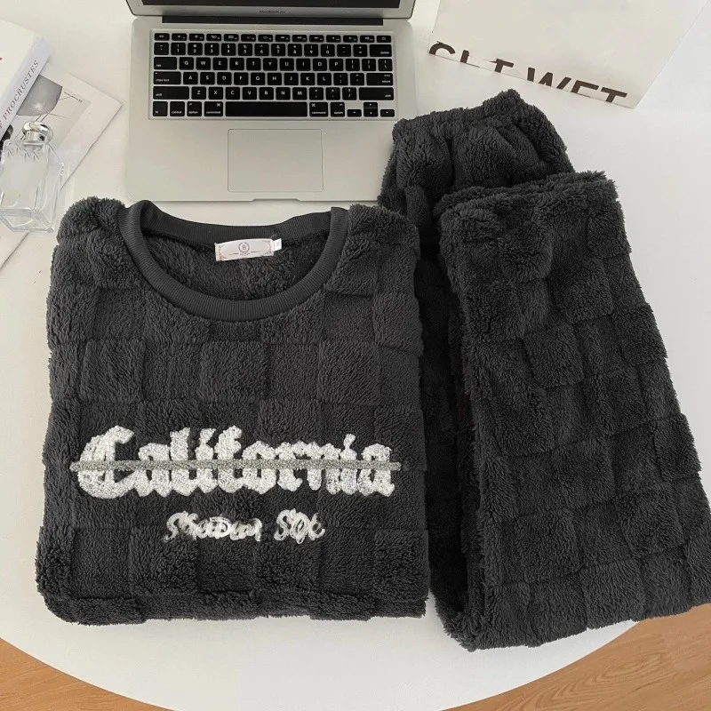 الخريف الشتاء سميكة الدافئة منامة الرجال الكورية رسالة منقوشة جديدة طويلة الأكمام ملابس النوم Homewear مجموعة ملابس خاصة المتسكعون الموضة #4