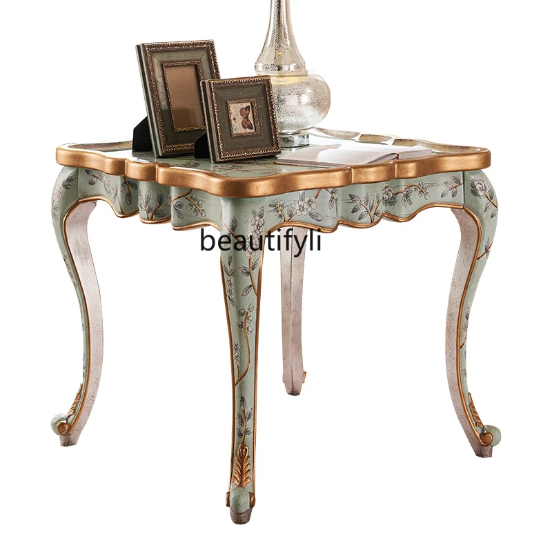 

High-end French solid wood painted coffee table European living room side table neoclassical hand-painted retro square table