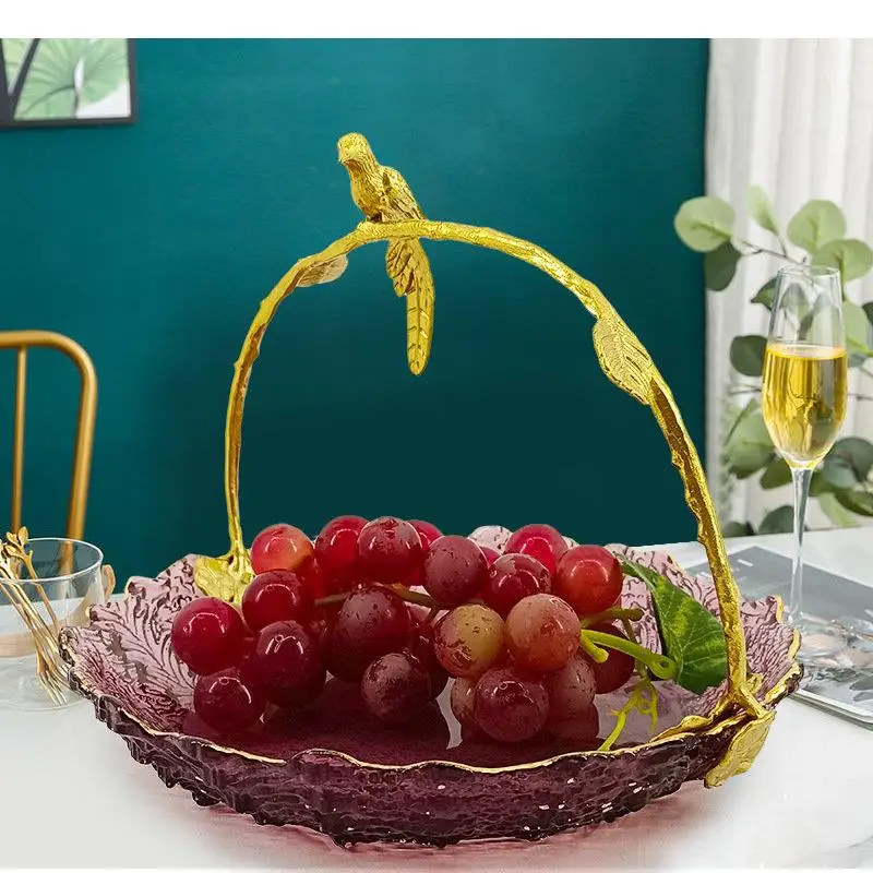 

Glass Fruit Plate Bird Copper Handle Fruit Basket Dessert Plate Cake Plates Snack Tray Fruit Dish Salad Bowl Storage Basket