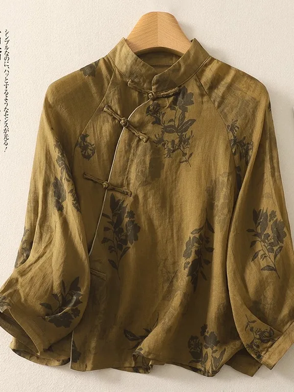 

Floral Print Loose Fit Vintage Artistic Women's Shirt with Side Slits And Button Detail Half Sleeve Casual Summer Top