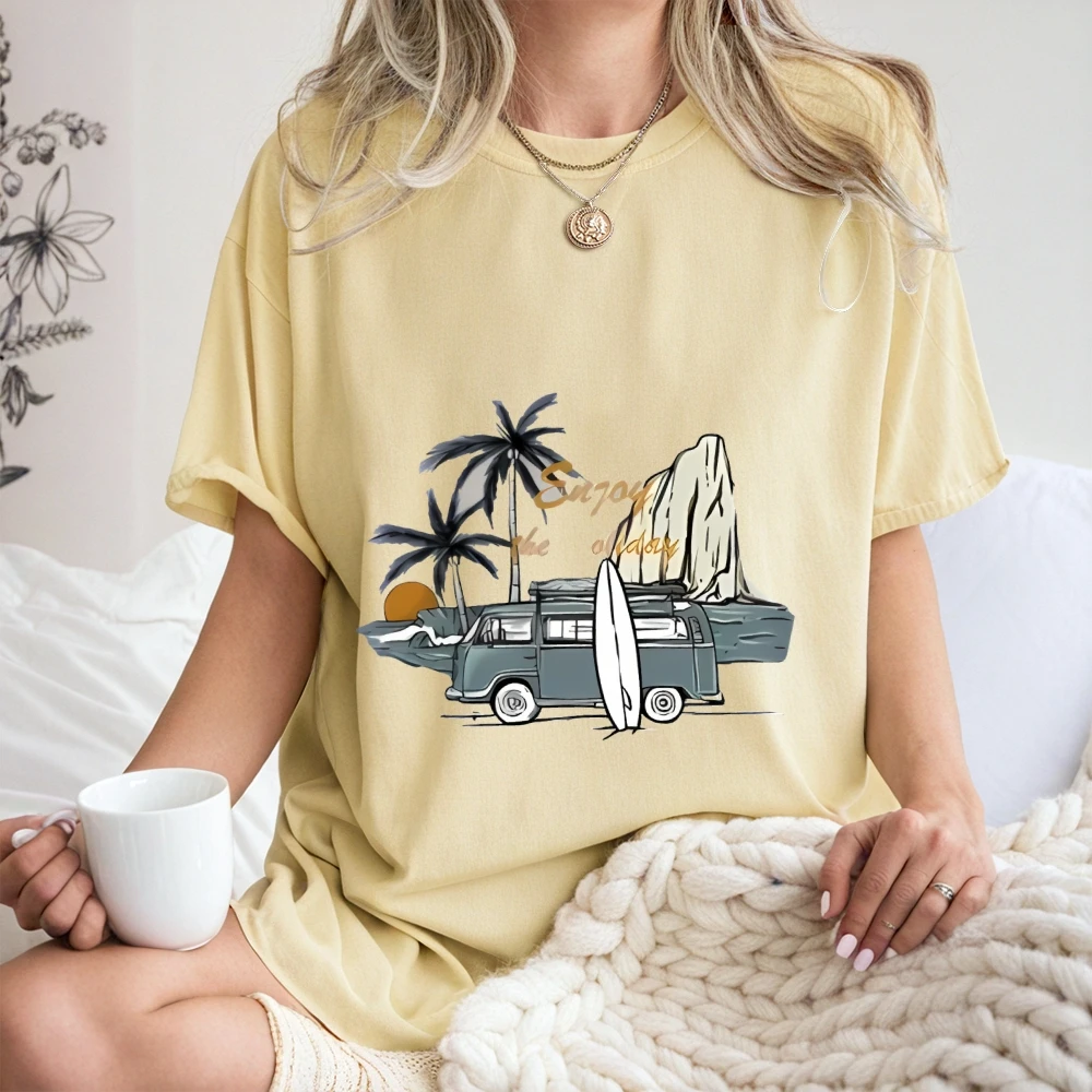

Beach Van Tee White T Shirt Coastal Scene Graphic Casual Loose Short Sleeved Summer Relaxing Vacation Vibes Comfortable Top