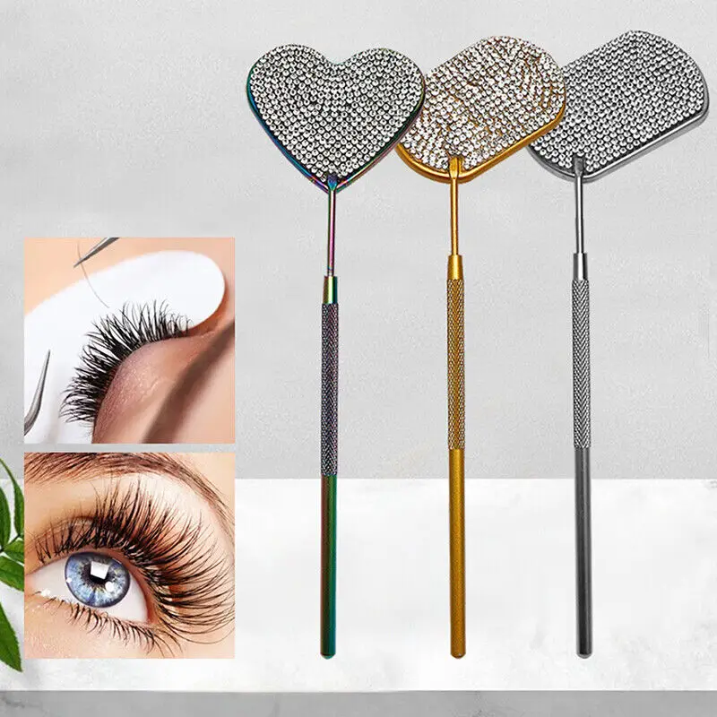 Handheld Love Makeup Mirror, Extensão dos cílios, Espelho de aço inoxidável com diamantes, Professional Eyelash Beauty, 1Pc