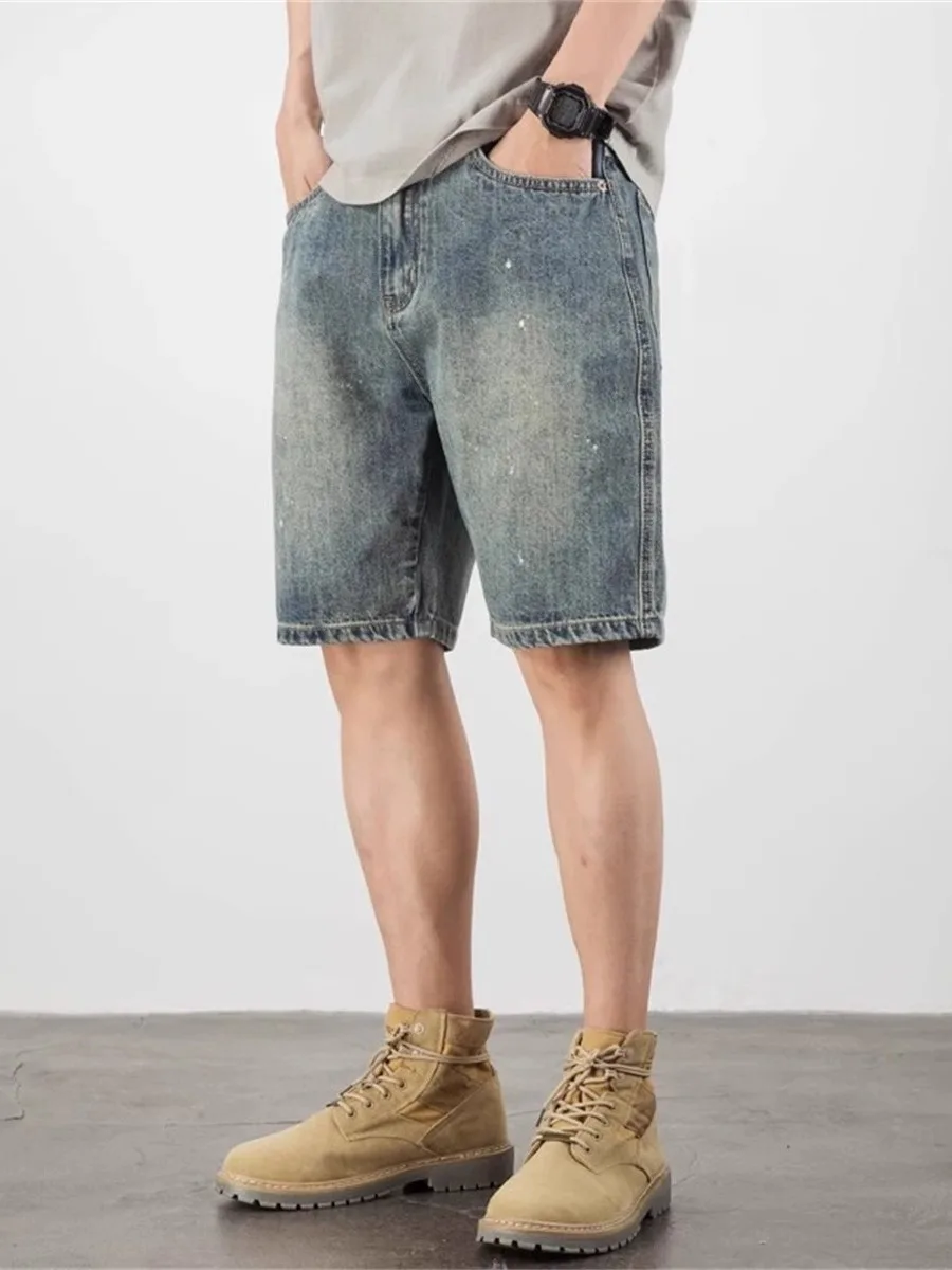 

Summer 2025 Men's Retro Denim ort Pants Loose Fit Casual Sle Dyeing Five-Point Casual Jeans mid Waist Straight Leg