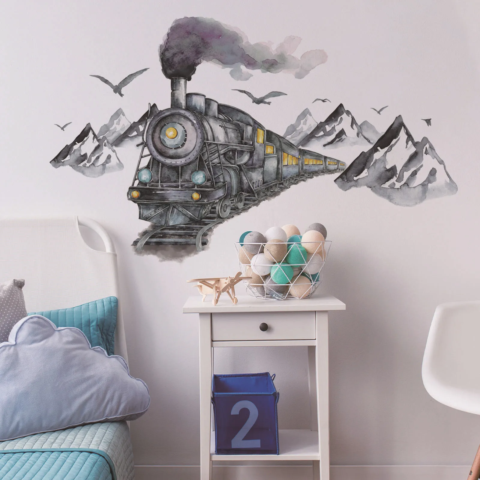 Watercolor Mountains Train Seagull Wall Sticker Self-adhesive Removable Vinyl PVC Home Decor for Living Room Bedroom