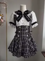 Ryousangata Jirai Kei 2 Piece Dress Set Women Black Plaid JSK Dress