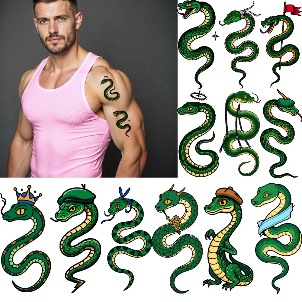

28pcs Temporary Tattoo Accessories New School Traditional Snake Tattoos Green Waterproof Long-lasting Body Stickers For Arms