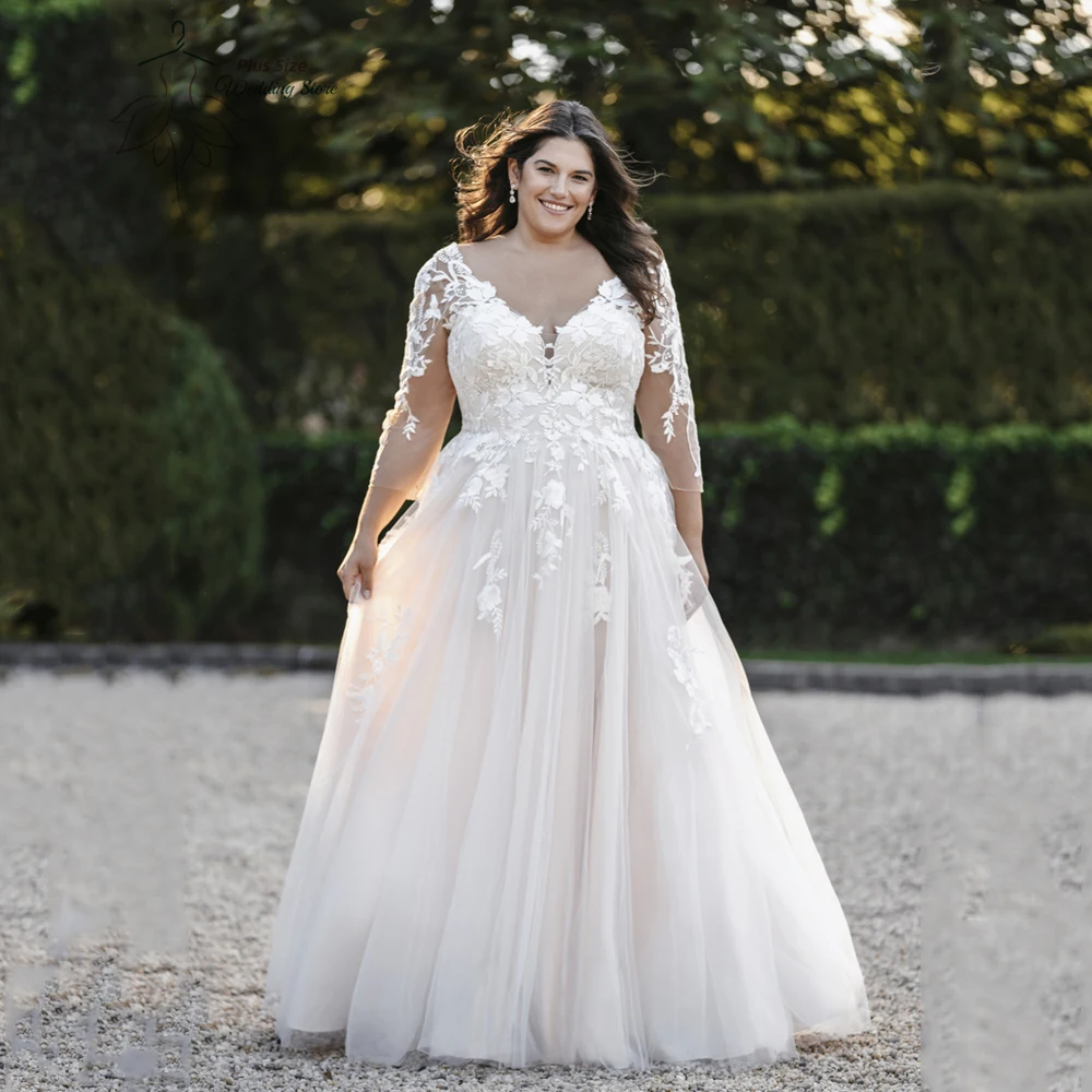 Classic A-Line Wedding Dresses Plus Size V Neck Long Sleeves Bride Gowns Appliques Back Button Floor Length Tulle Robe De Mariee