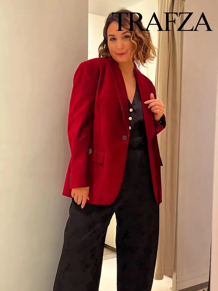 TRAFZA giacca da donna cappotti rosso colletto rovesciato maniche lunghe tasche decorare blazer primavera bottone singolo donna 2024 Trendy