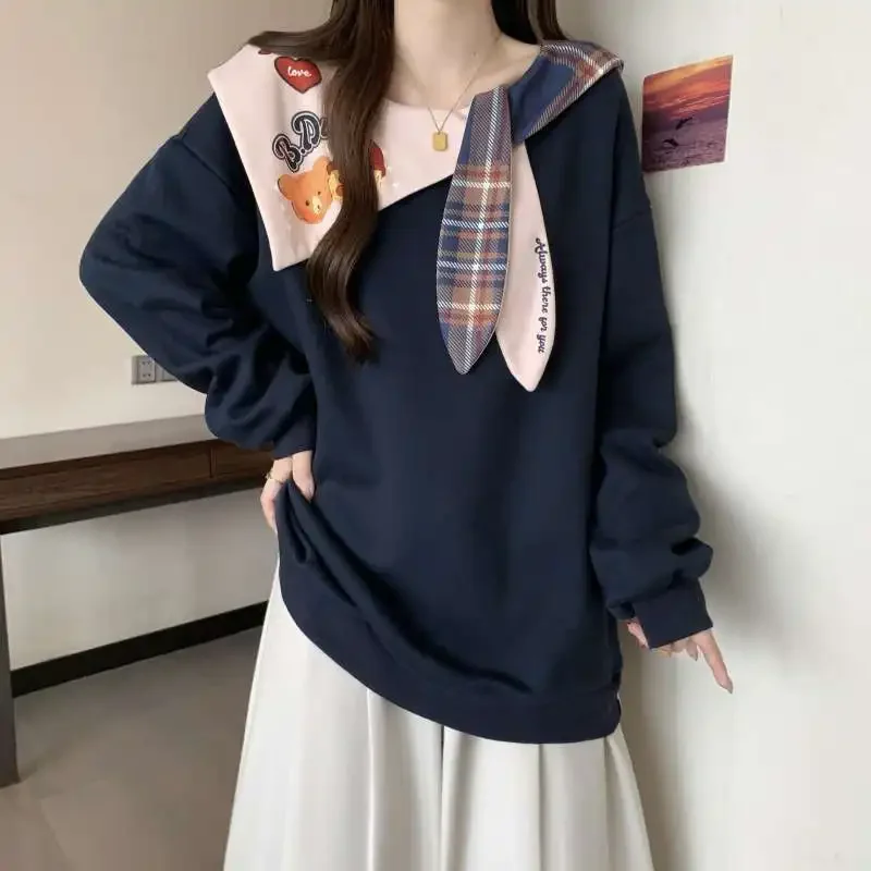 high-end long sleeved sweatshirt for women with a chubby college style, loose and unique, deep blue top  oversized hoodie