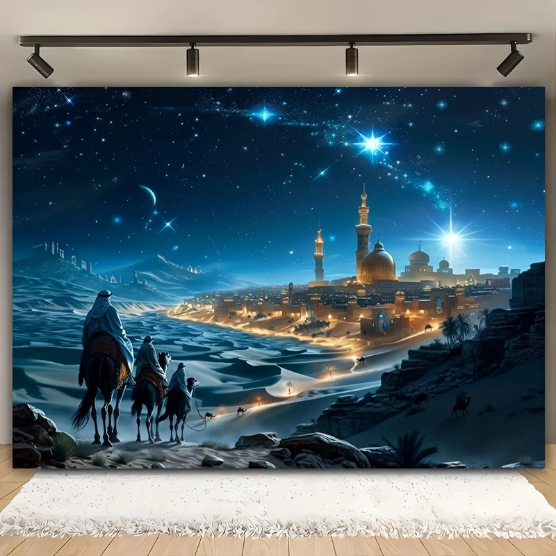 Tapisserie joyeux Noël - Motifs festifs château, désert et chameau, vue nocturne étoilée, accents bleus, matière polyester