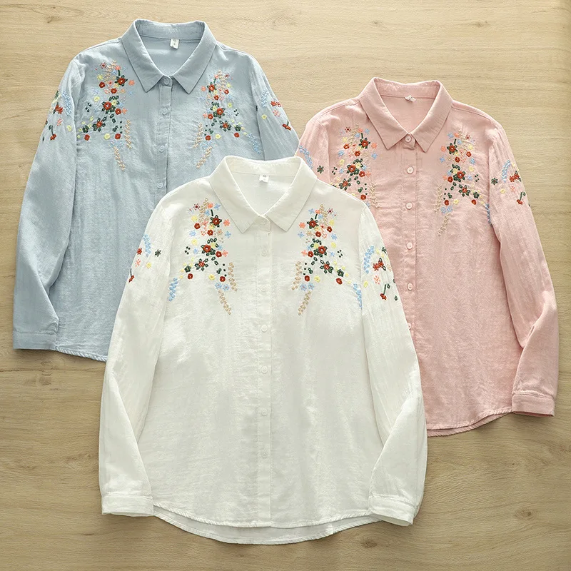 Spring New Flower Embroidery Double Layer Cotton Yarn Shirt Women Turn Down Collar Long Sleeve Casual Loose Blouse Tops