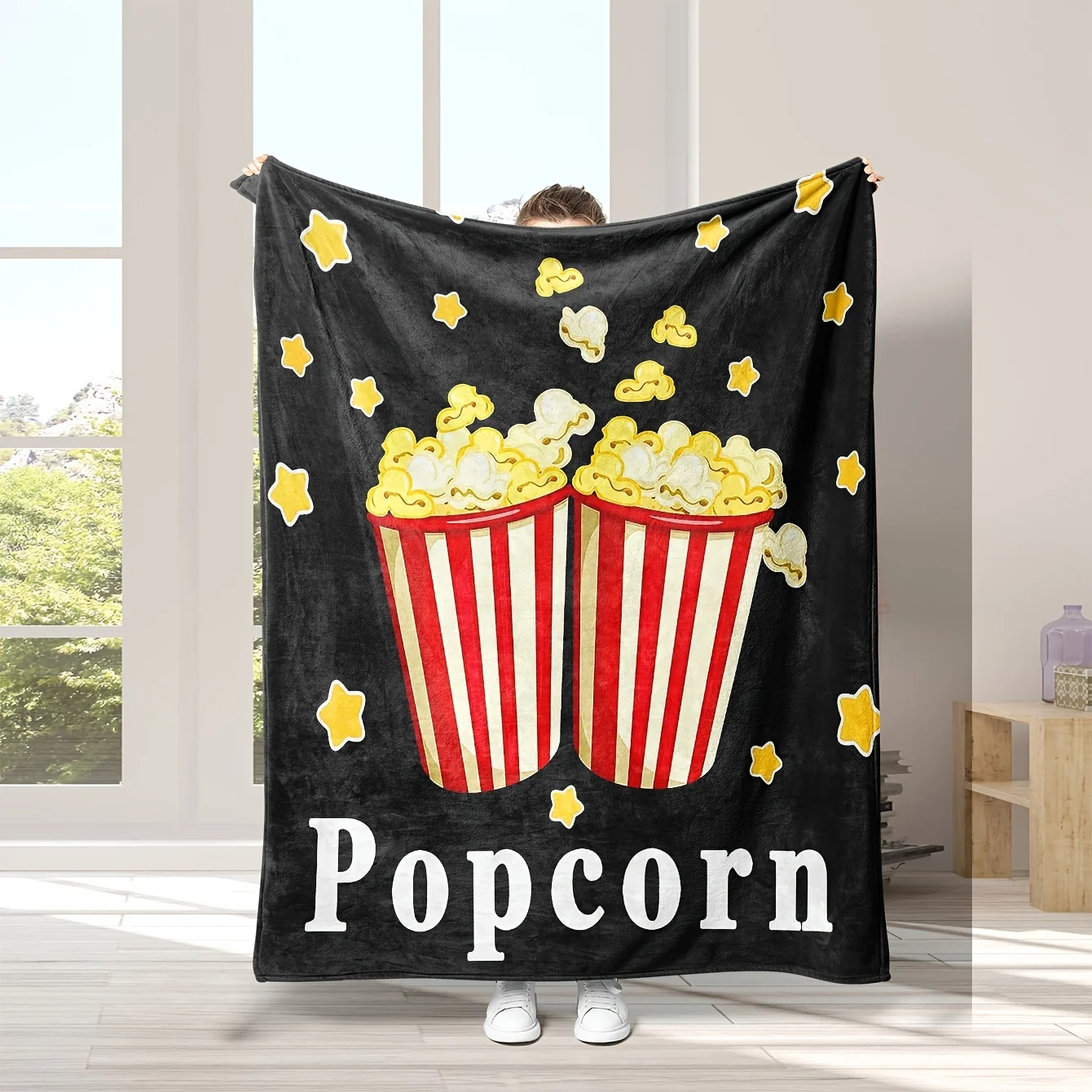 1pc digital printed black popcorn element blanket, warm, soft and comfortable skin friendly flannel plush cover blanket, suitabl