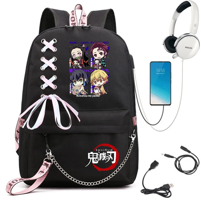 デーモンスレイヤーアニメプリント学生バックパックティーンガールズカジュアルデイパックスクールバッグ