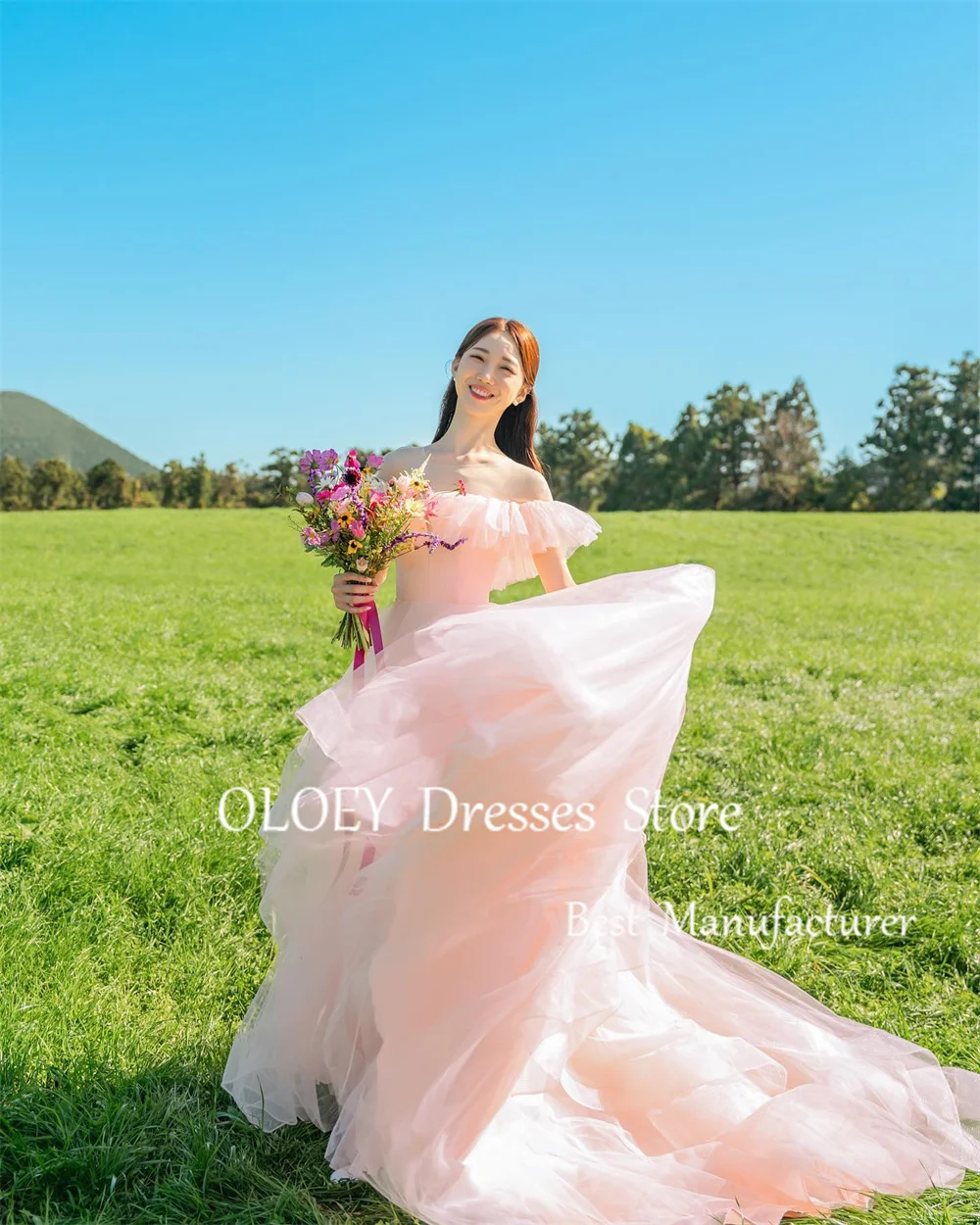 OLOEY Fairy Pink A Line Korea Wedding Dress Outdoor Photoshoot Off Shoulder Prom Dress Floor Length Bridesmaid Dress Custom Made