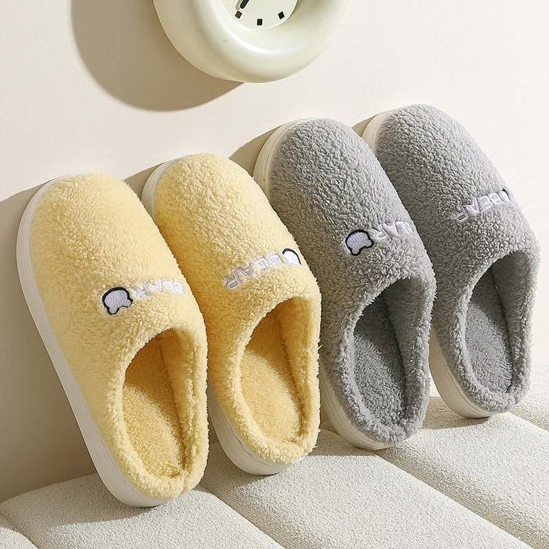 New Home Warm Slippers Soft Cute Women Winter Furry Slides Fashion Indoor Bedroom Men Concise Non-slip Flats Casual Fluffy Shoes