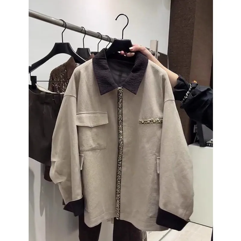 

Retro Sle Workwear Jaet Loose Fit Casual Loose Collar Men's Women's Couple Color Blo Collar Long Sve Top