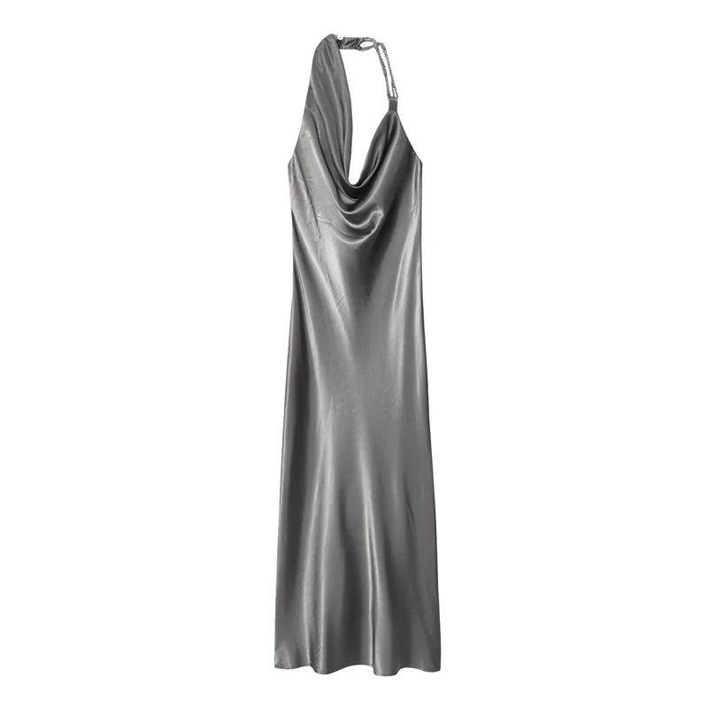 Abito da donna 2025 Autunno Nuovo stile Abito lungo in raso con perline asimmetrico grigio Elegante e grazioso