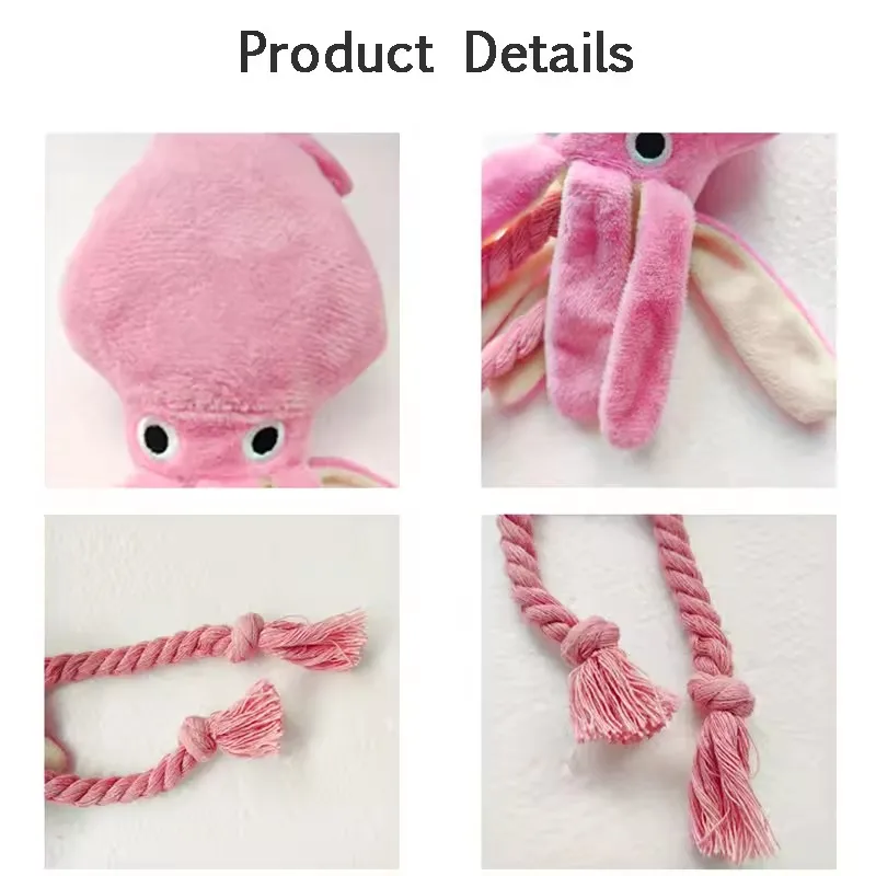 Soft pink fleece plush octopus dog toy with rope-style legs and squeaker, Coozy Paw USA6