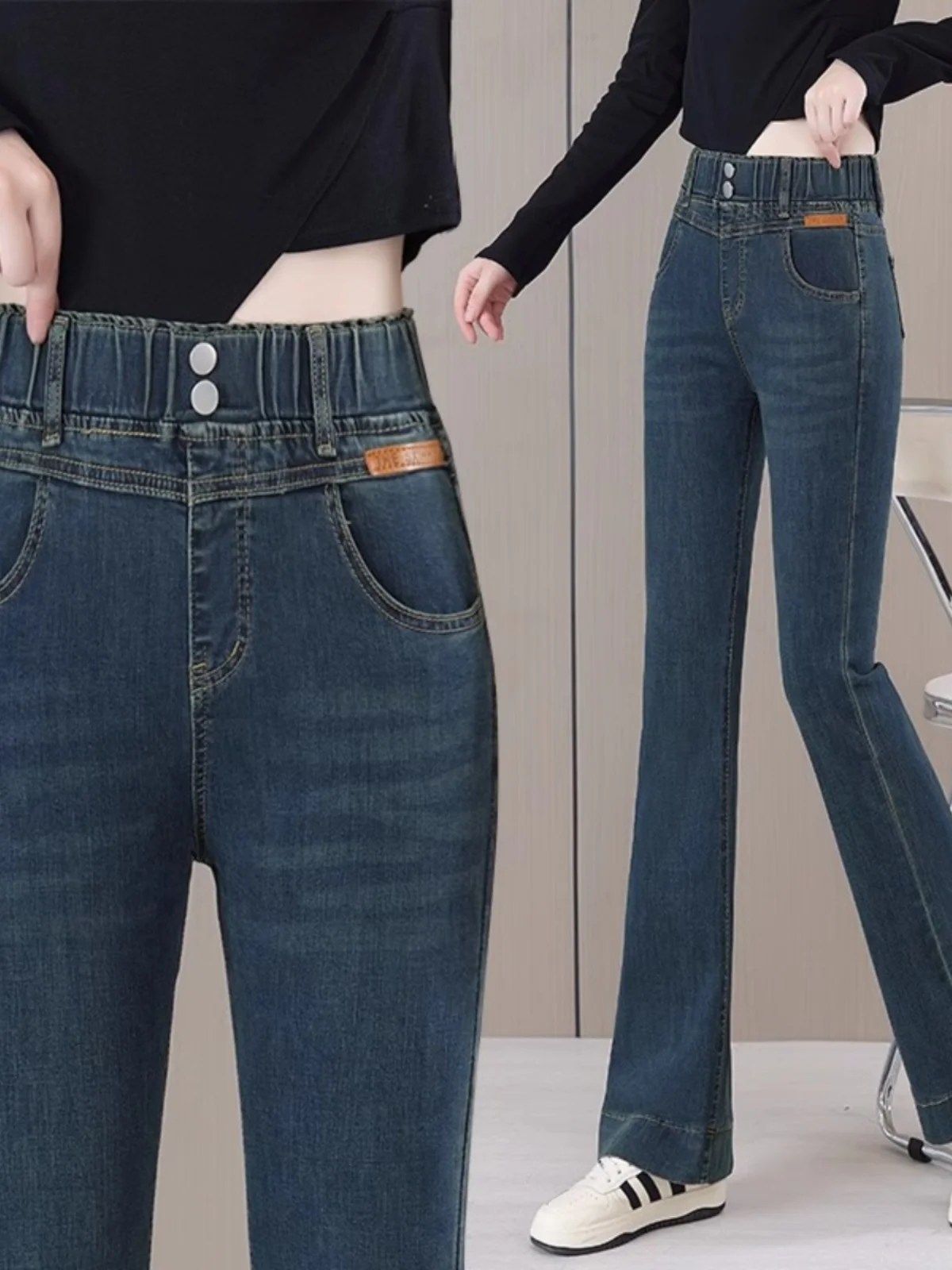 

High Waist Flared Jeans Women's Stretchy Slim Fit Bootcut Pants Deep Blue Long Trousers Autumn Season plus Size Ladies Jeans