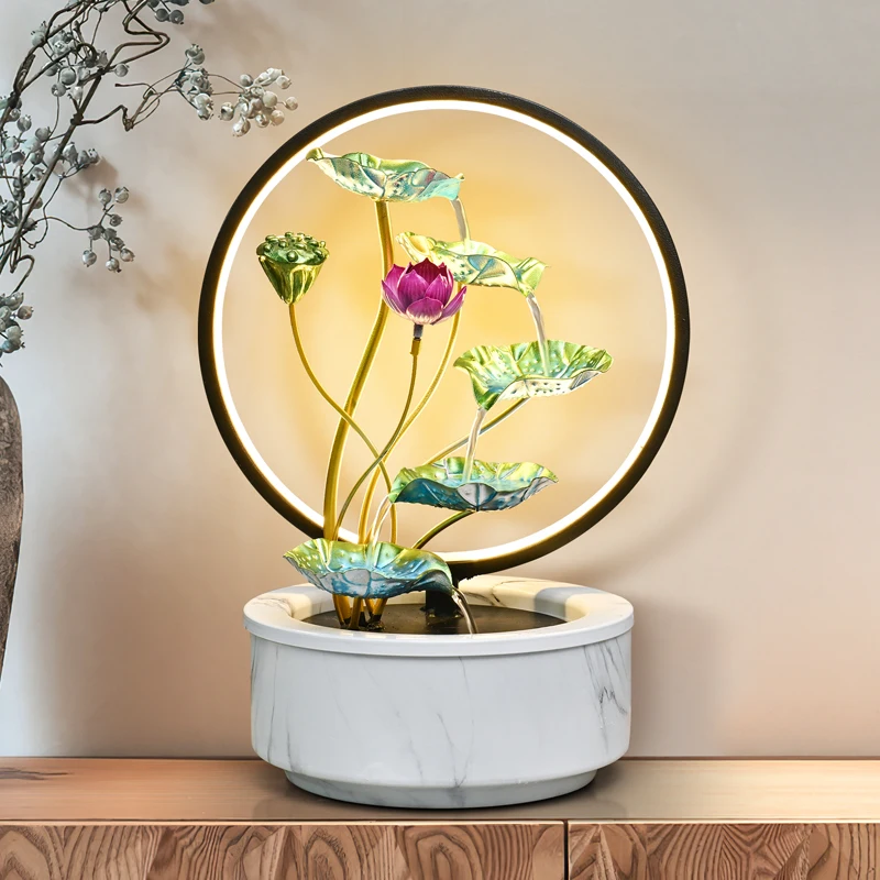 

Living room lotus circulation flowing water generates wealth ornaments with lights to attract wealth fish tank decorations Feng