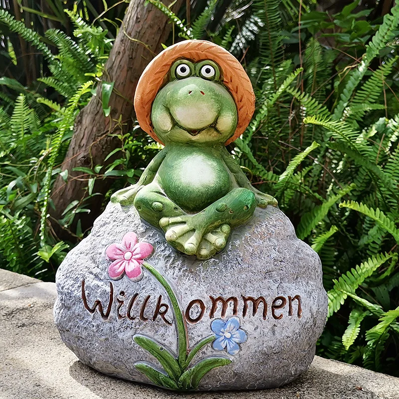 Outdoor Garden Frog Stone Welcome Signs Resin With Hand Painted Grey Green Colors Germany Accents Yard  Patio Lawn Art Ornament