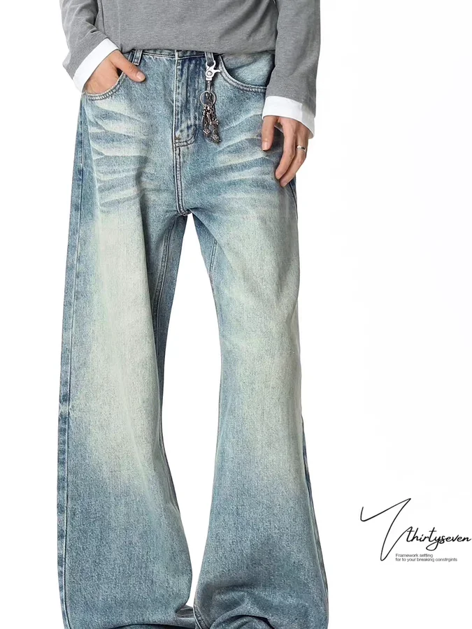 

Vintage High Street Men's Winter Jeans Straight Leg Loose Micro Flared Waed American Sle mid Waist Zipper Closure