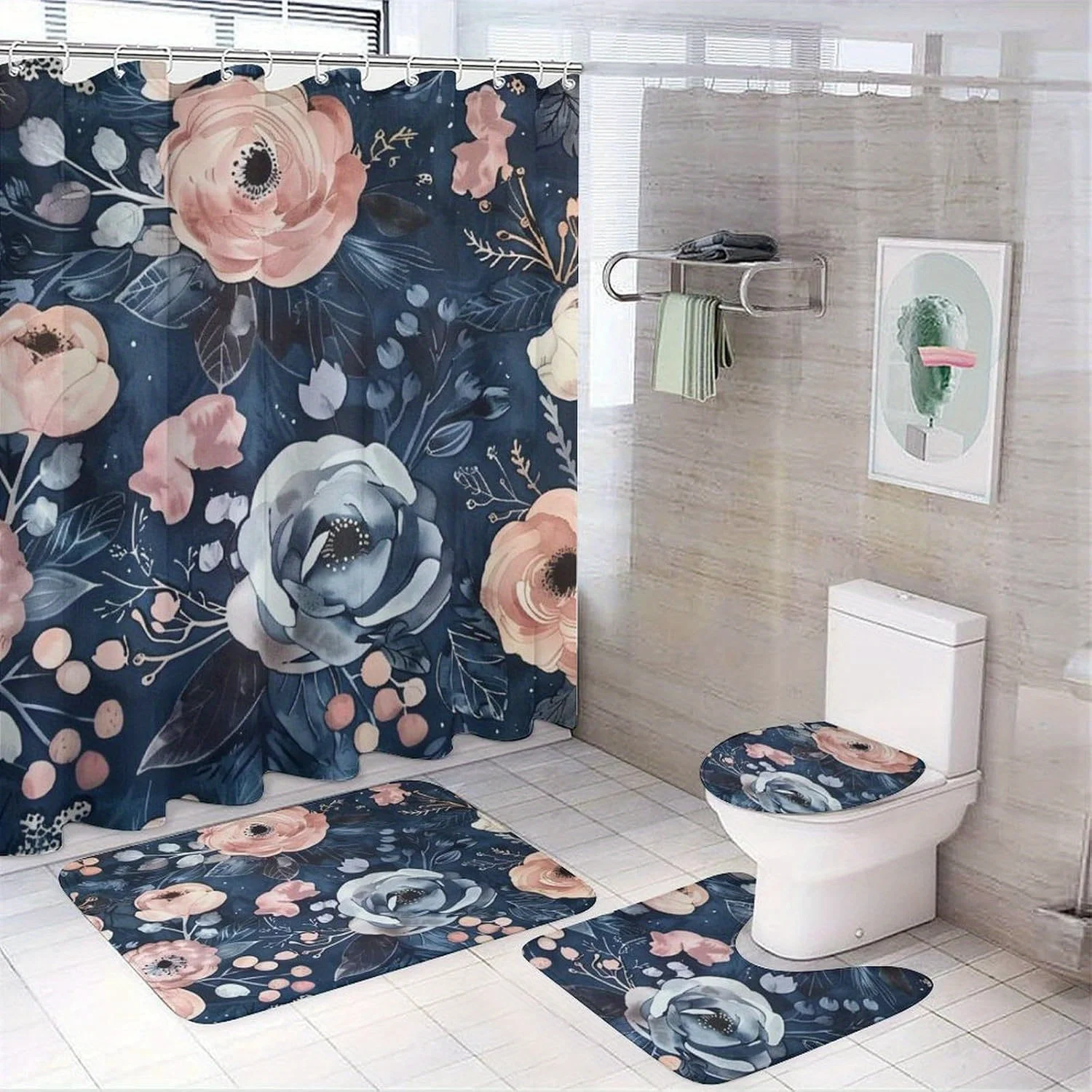 

4-х предметный темно-синий и румяно-розовый цветочный набор для ванной комнаты с напольными ковриками — полиэстер, U-образный чехол на сиденье унитаза и коврик для ванной
