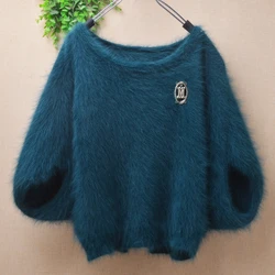 04 Ladies Women Fall Winter Clothing Hairy Mink Cashmere Knitted Short Batwing Sleeves O-Neck Loose Pullover Sweater Jumper Pull