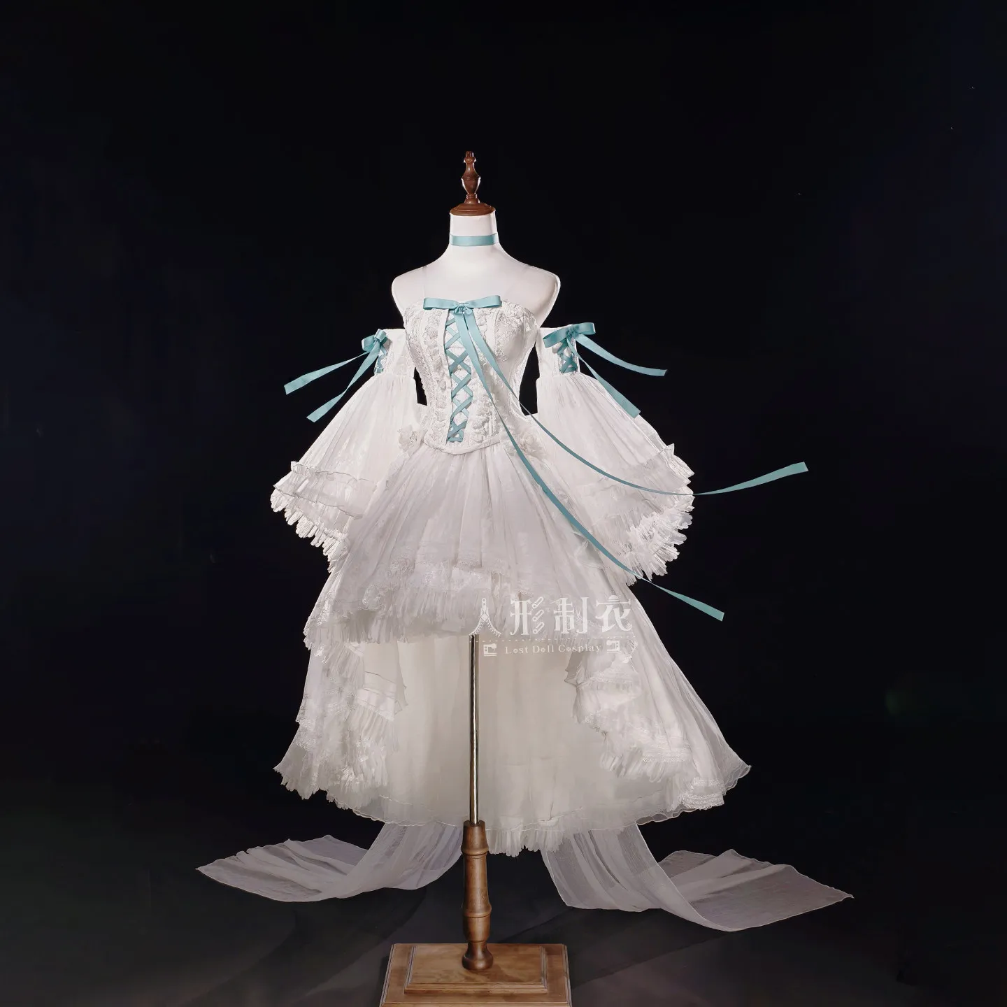 Chobits Chi Cosplay Costume White fluffy gauze skirt paired with mint blue bow ribbon role playing women's clothing NexoCosplay - view 2