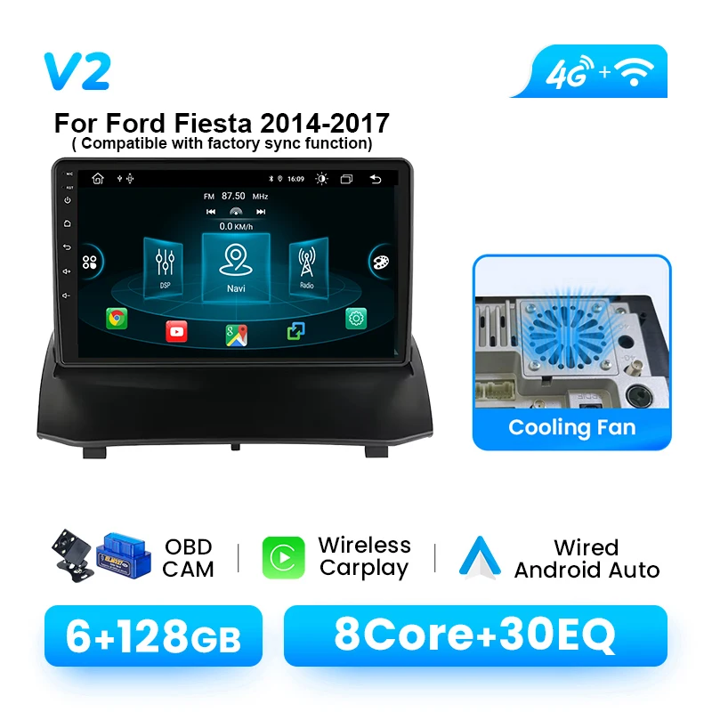 Android 14 Draadloze CarPlay Autoradio Speler Voor Ford Fiesta 2009-2017 Multimedia Navigatie GPS 4G Wifi DSP 1280*720 P IPS RDS