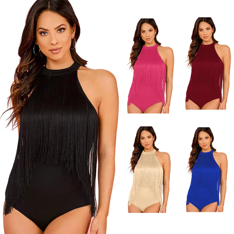 Women Jumpsuit Sleeveless Fringe Overall Playsuit Solid Color Summer Evening Dress Matching Set
