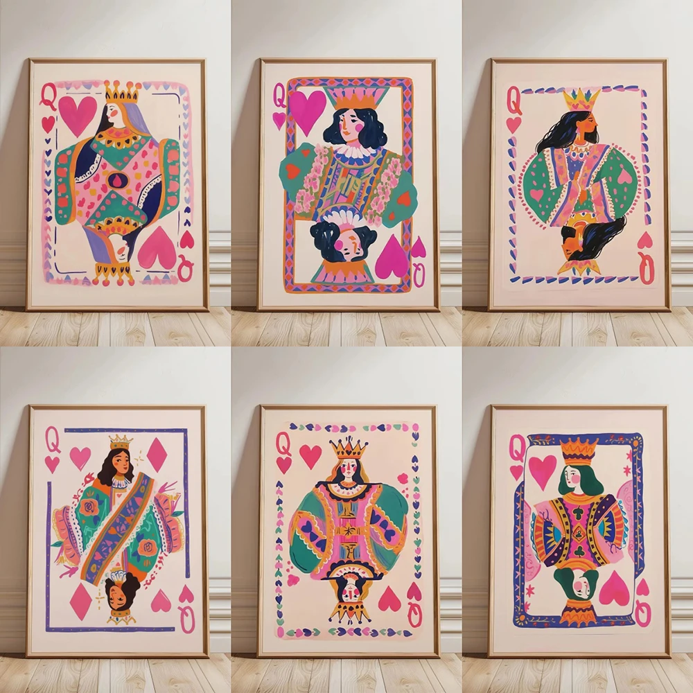 Queen of Hearts Poker Poster Colorful Playing Card Print Canvas Painting Preppy Wall Art Pictures for Room Home Aesthetic Decor