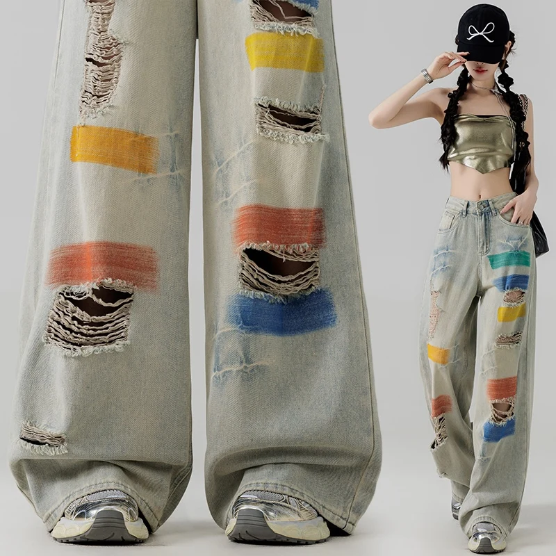 Graffiti ripped denim wide leg pants, women's high waisted street floor mopping straight leg pants