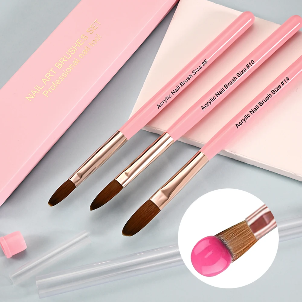 Zestaw 3 pędzli do zdobienia paznokci, pędzle do modelowania paznokci akrylowych 3D, narzędzia do rzeźbienia i przedłużania paznokci # 8/ # 10/ #   Różowy drewniany długopis z kryształkami