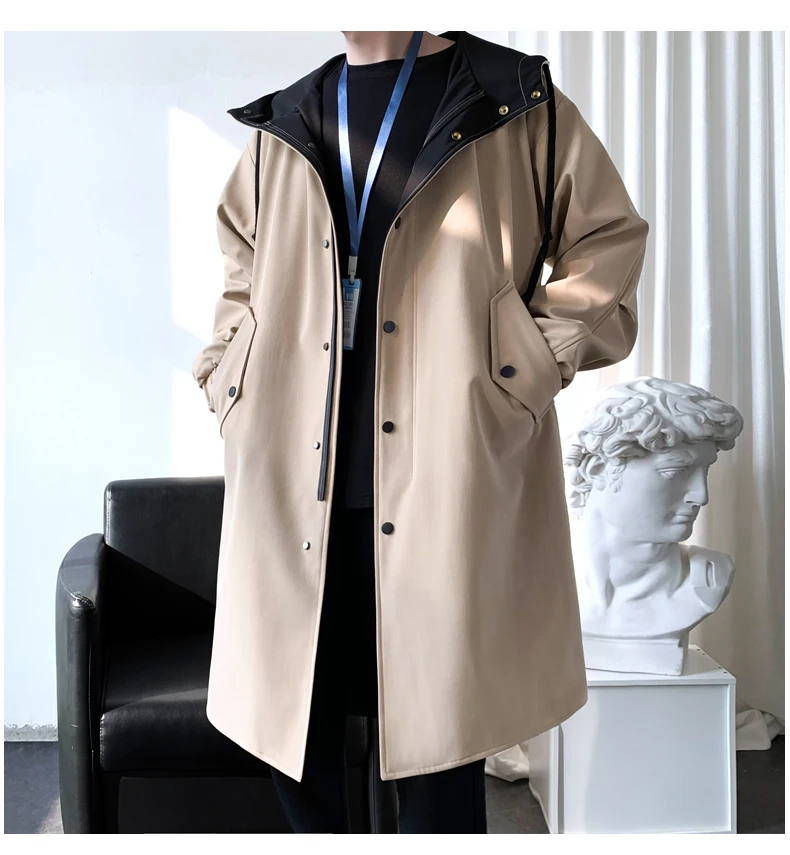 トレンチメンズコートファッションフード付きトレンチコート秋ミッドレングスシングルブレストルーズウインドブレーカーカジュアルオーバーコートフェイクツーピース