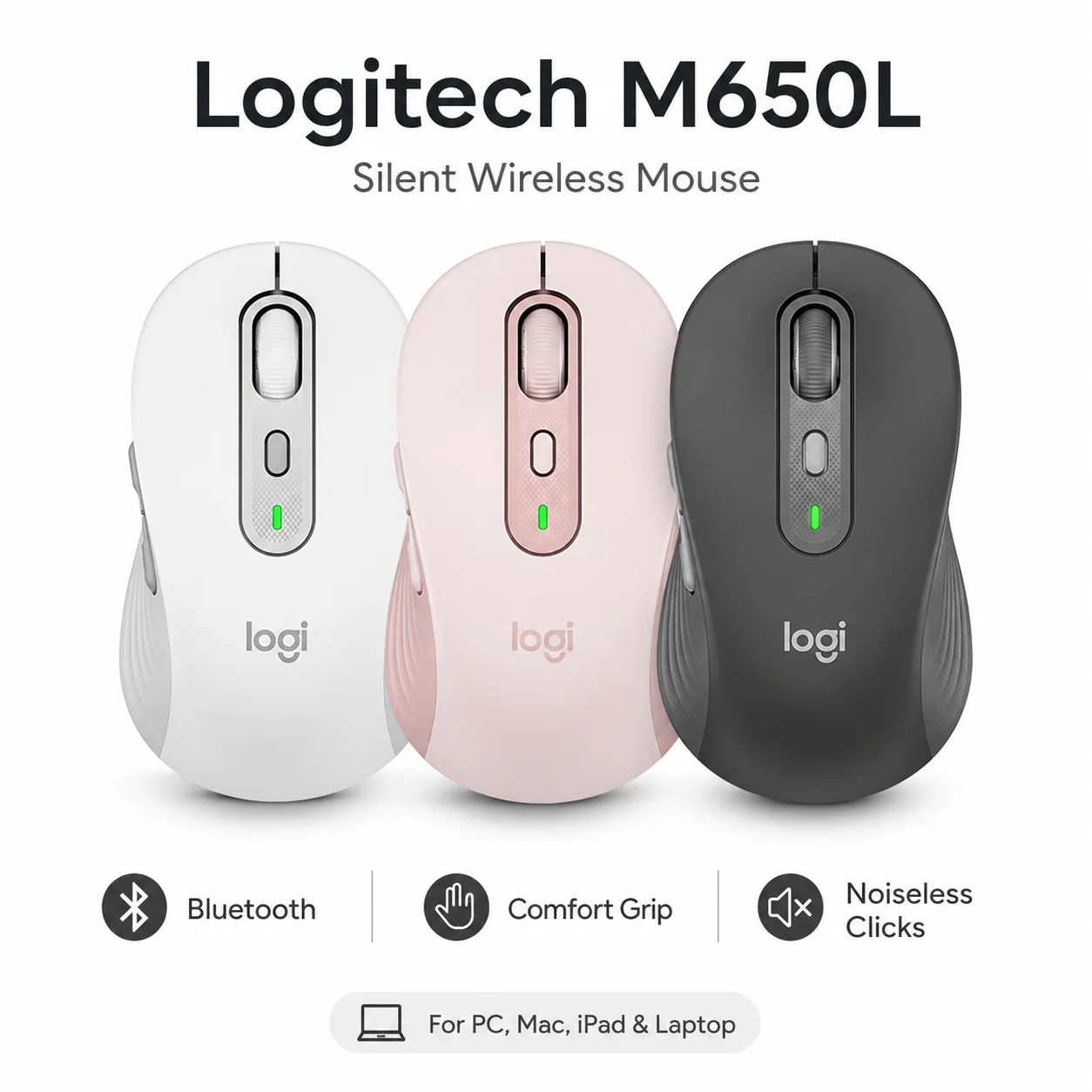 

Logitech M650L Silent Wireless Mouse Bluetooth Smart Scroll Comfort Grip For Pro Office PC Mac Laptop Noiseless Clicks Gear