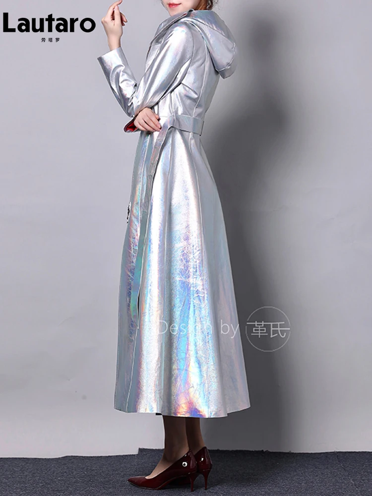 Imagem -03 - Lautaro Primavera Outono Longo Luxo Brilhante Reflexivo Holográfico Patente pu Trench Coat Couro para as Mulheres Moda Europeia 2023